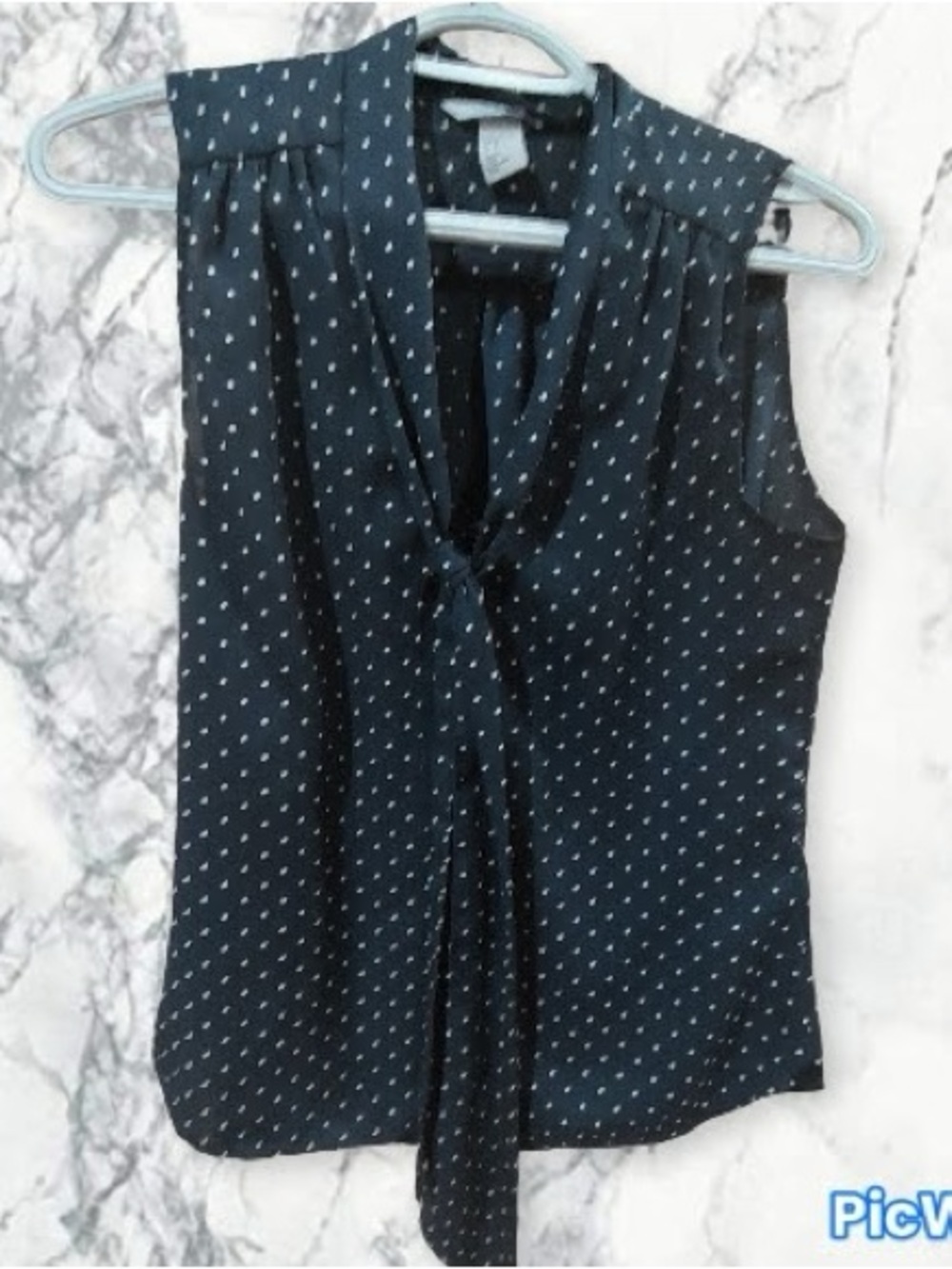 H&M Navy Sleeveless Polka Dot Tie-Neck Blouse